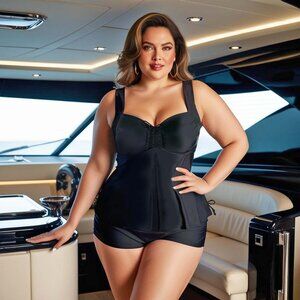 Plus 2Pc Tankini Set Black Womens 3X Dress Size 24 Cinch Front Swimsuit